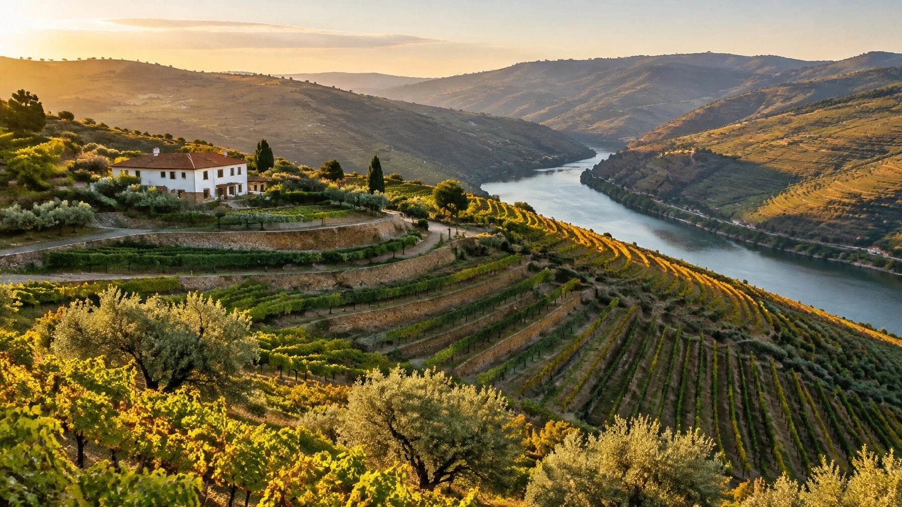Terraced vineyards stepping down a hillside in the Douro Valley, with a white quinta building with a red roof, olive trees and vine rows stretching to the horizon.