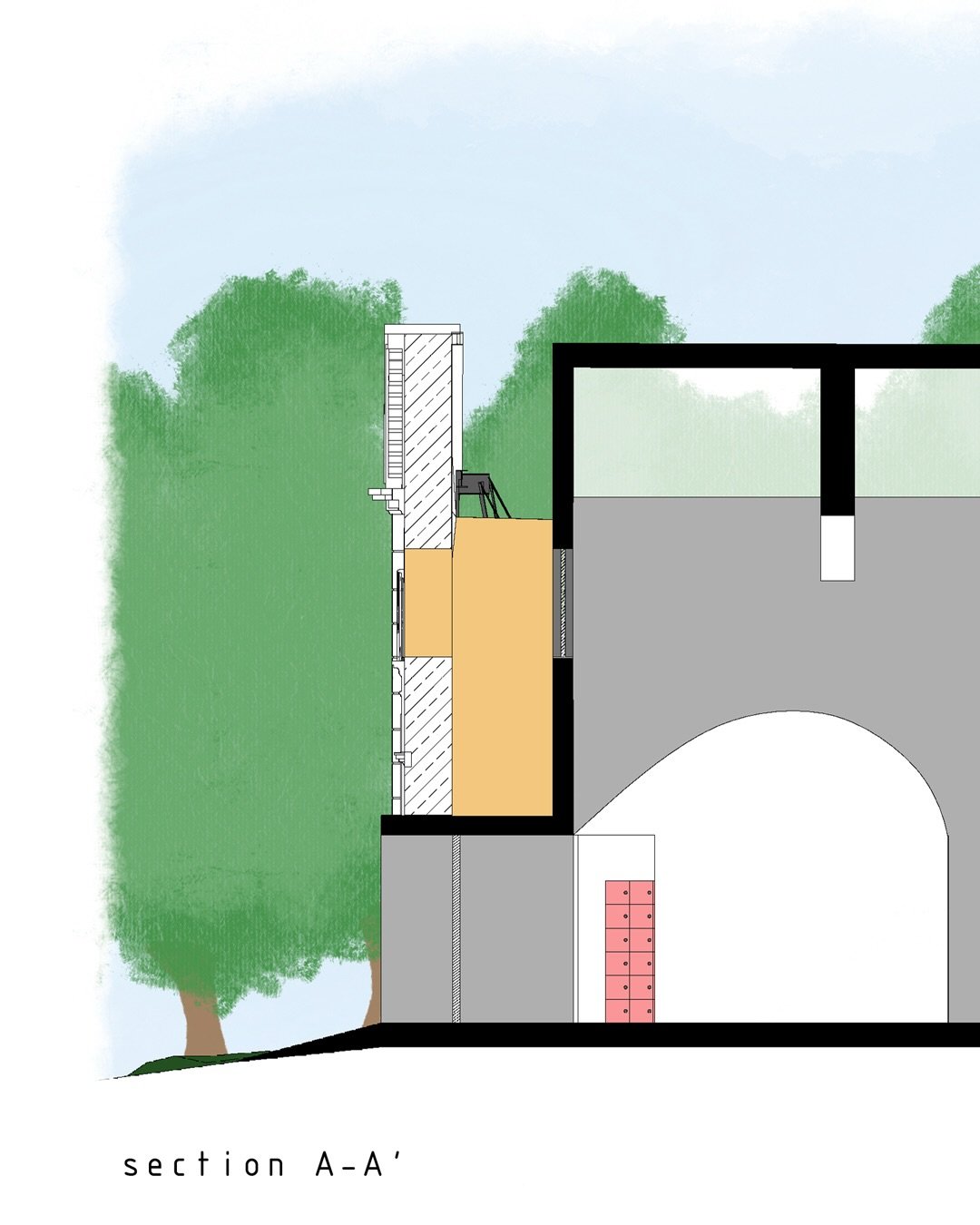 This long-section view presents the &ldquo;To Zero&rdquo; proposal, developed for the @reuseitaly competition. You can clearly see how the grey, neutral volume is conceived to sit in quiet dialogue with the surrounding ruins, communicating with them 