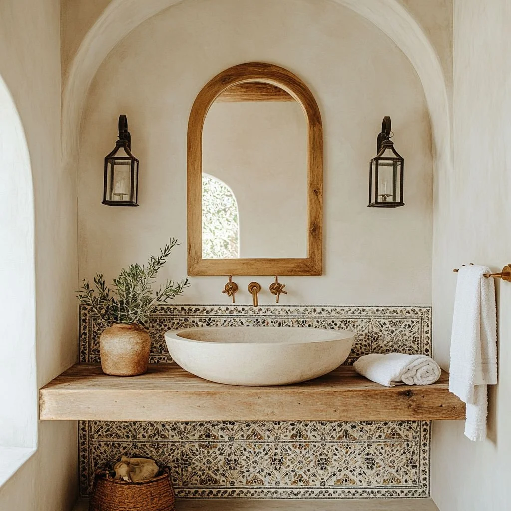 Un lavabo in pietra sopra un mobile in legno, con uno specchio d’arco in legno sopra, due lanterne nere ai lati e una pianta in vaso a sinistra.