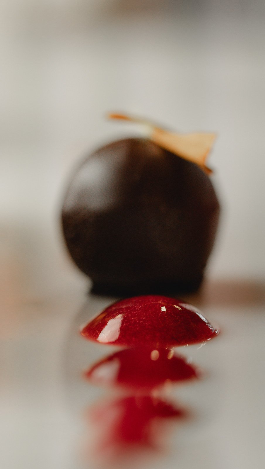 Schocko Praline auf einem weißen Hintergrund mit Himbeermousse Tropfen. Die Praline hat eine weiße Keimung oder Wurzel auf ihrer Oberfläche. Restaurantfotografie Landgasthof Lamm in Ebnat.