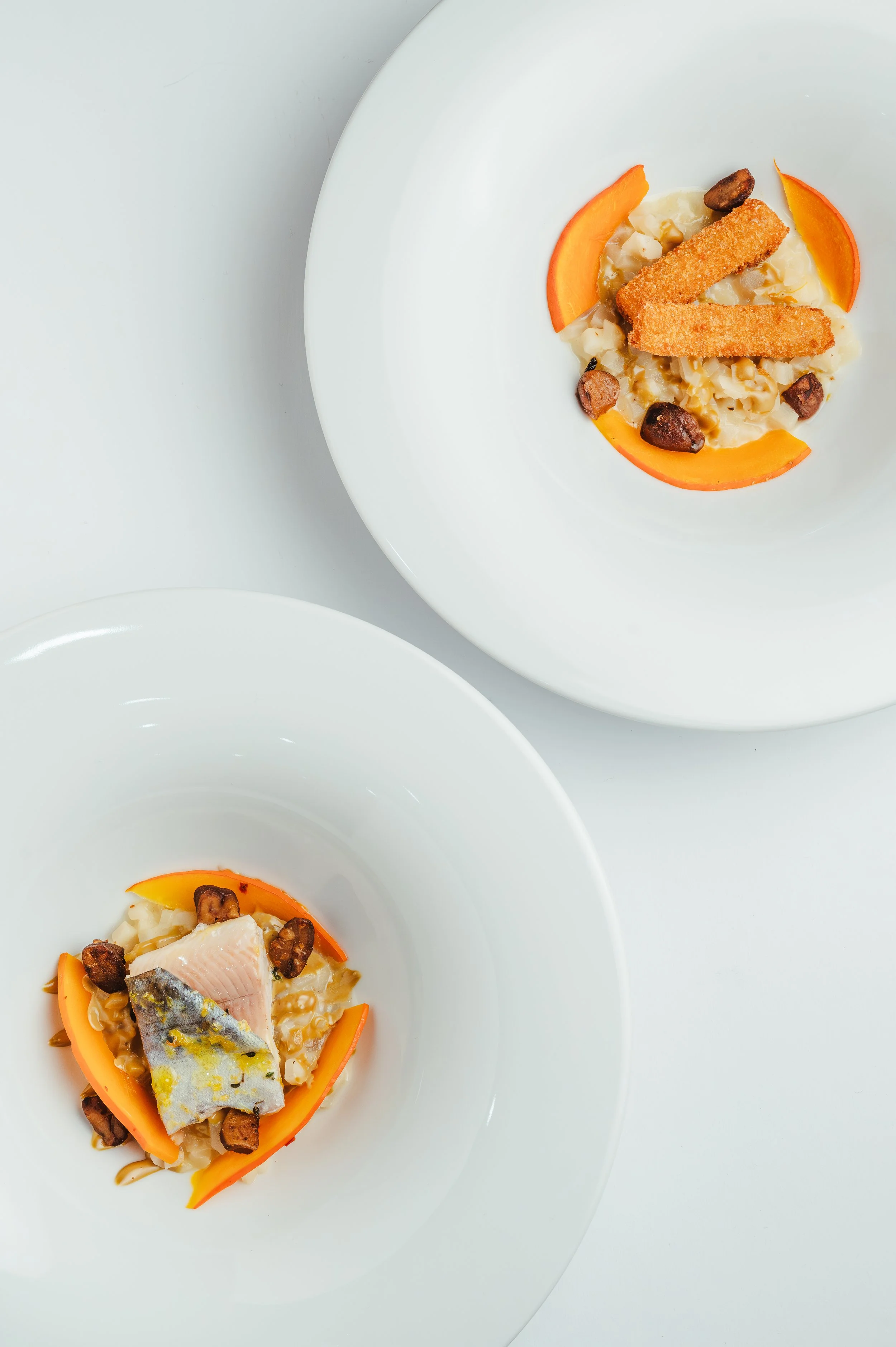 Zwei weiße Teller mit Gourmet-Gerichten, bestehend aus Fisch, Möhren, Tofusticks und Hülsenfrüchten, auf weißem Tisch.