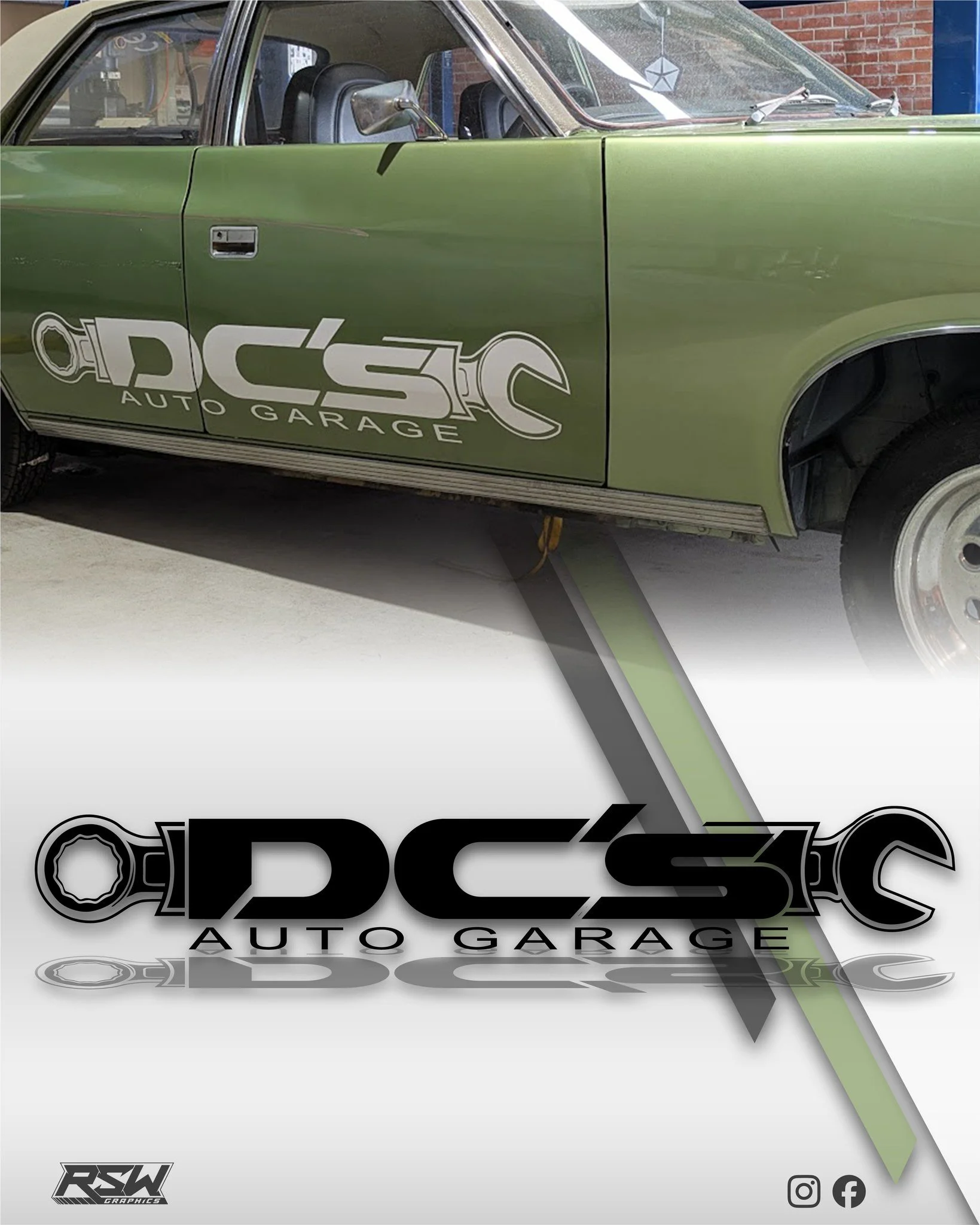 Modified logo design and Door decals installed for Daniels Valiant at DCs Auto Garage