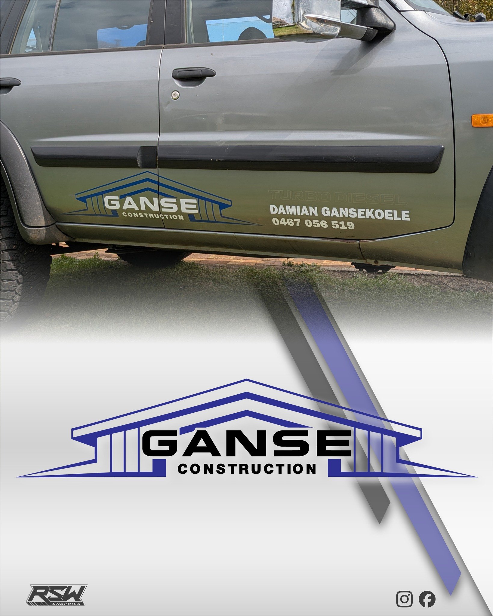 Modified lower door logo decal designed, cut and installed for Damian at Ganse Construction