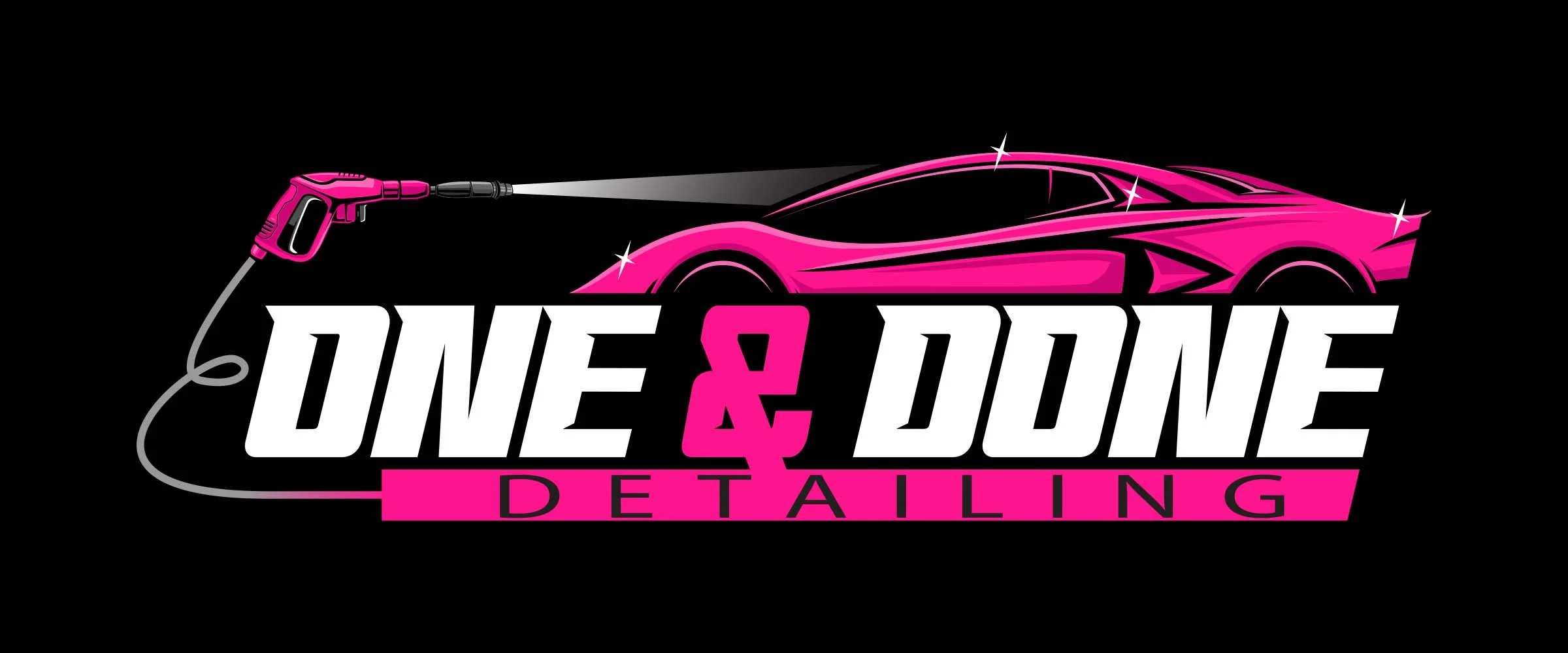 Logo for One & Done Detailing featuring a stylized pink sports car and pressure washer.