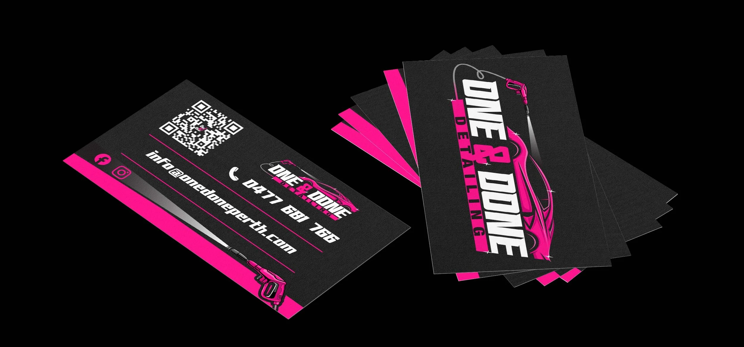 Stack of black business cards with pink accents for 'One & Done Detailing' featuring a car graphic, contact information, QR code, and social media icons for Facebook and Instagram.