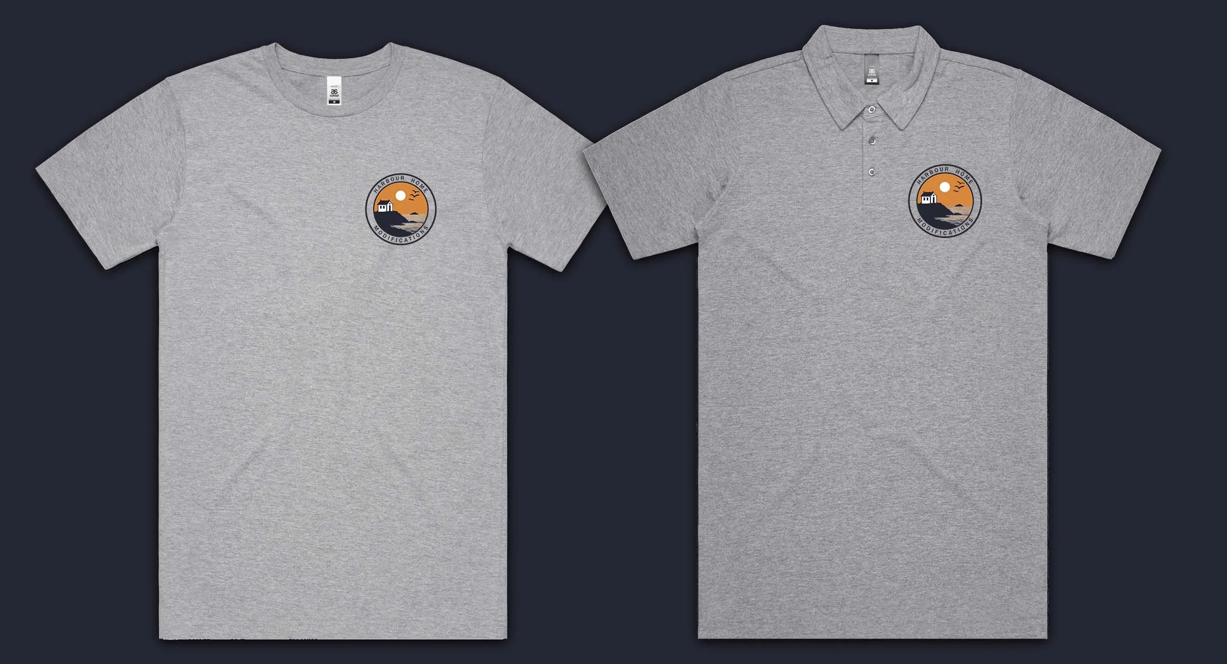 Two gray shirts with logo on chest, a T-shirt and a polo shirt.