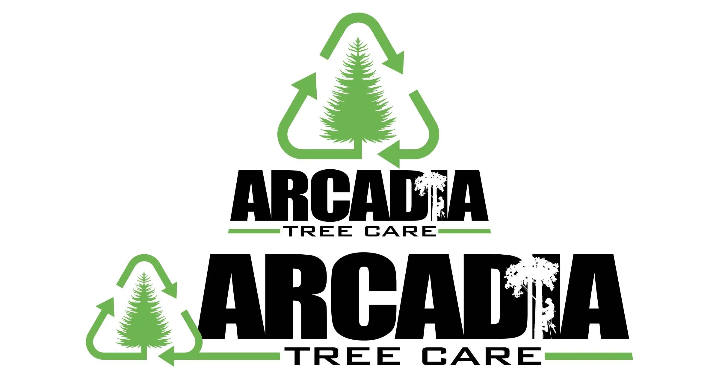 Logo for Arcadia Tree Care featuring green tree and recycle symbol