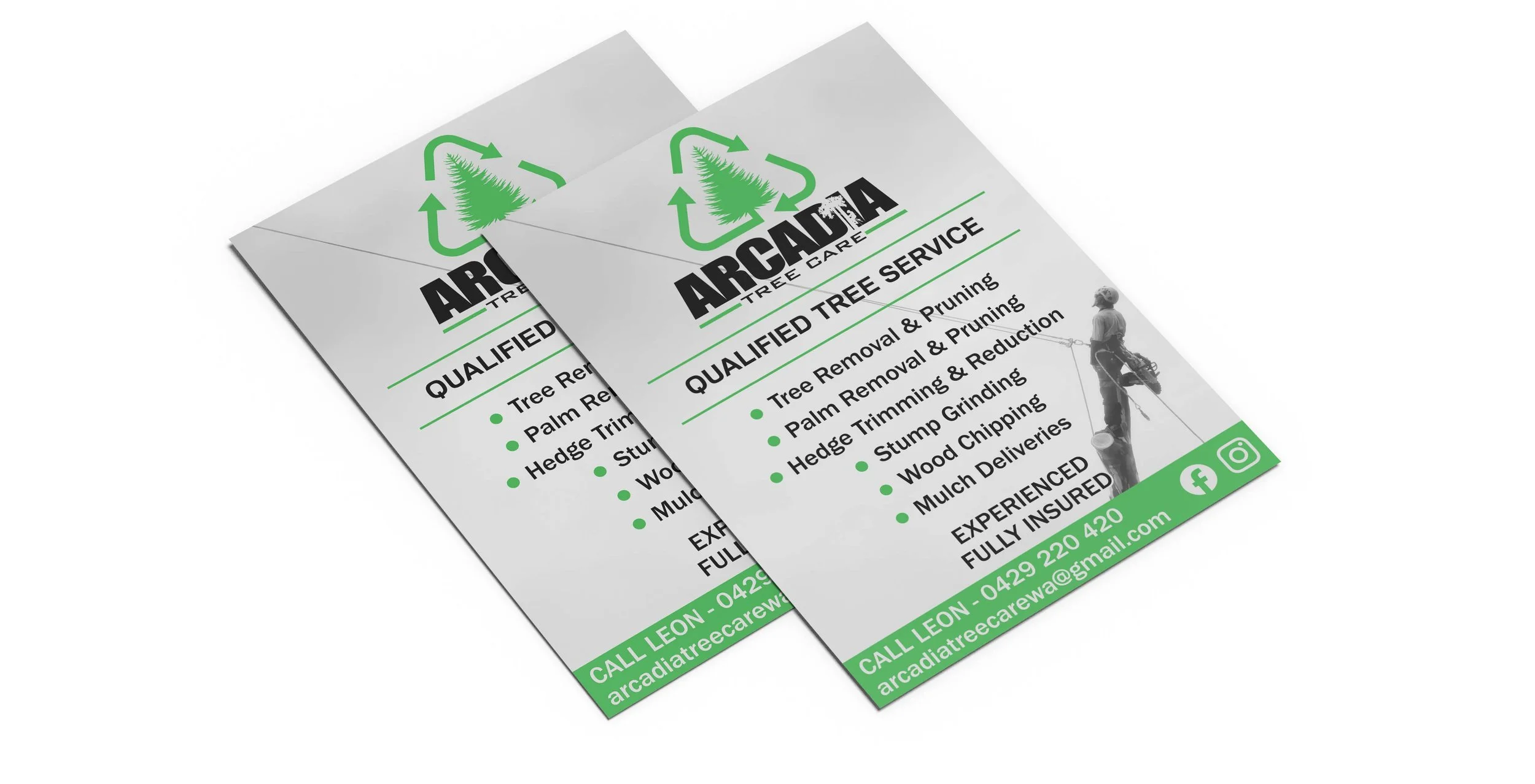 Flyer for Arcadia Tree Care promoting services like tree removal, pruning, stump grinding, and more with contact details.