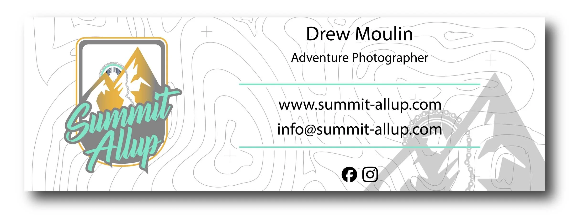 Business card for Drew Moulin, an adventure photographer. Features a logo with mountains and text "Summit Allup." Includes website, email, and social media icons on a topographic map background.