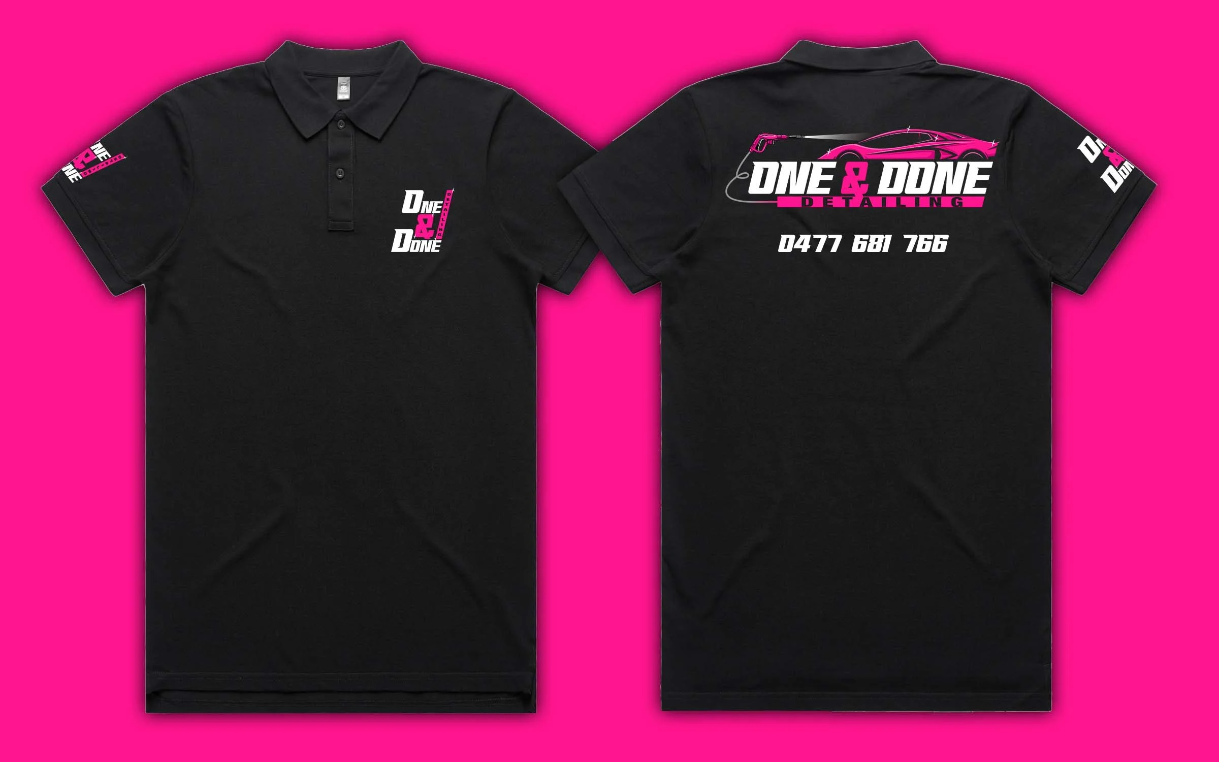 Black polo shirts with 'One & Done' detailing logo in pink and white on the chest, sleeve, and back, featuring a car graphic and a contact number. The shirts are displayed on a bright pink background.
