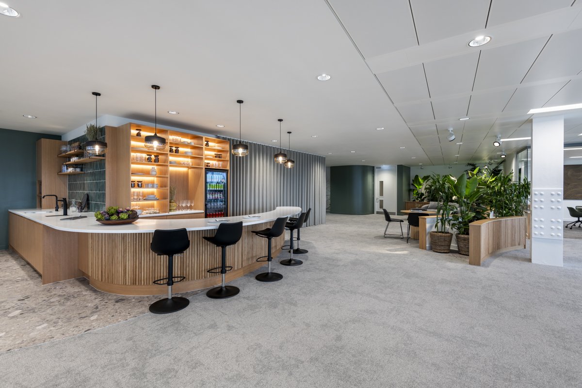 Modern indoor lounge area with a curved bar featuring black stools, wooden accents, shelving with decorative items, a beverage refrigerator, and lush green plants in woven baskets.