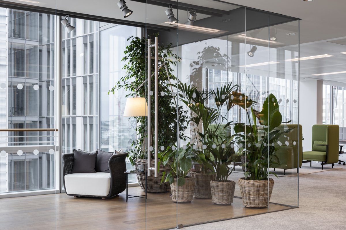 Modern office lounge with large glass walls, potted plants in wicker baskets, a small seating area with black and white furniture, greenery, and adjustable ceiling lights.