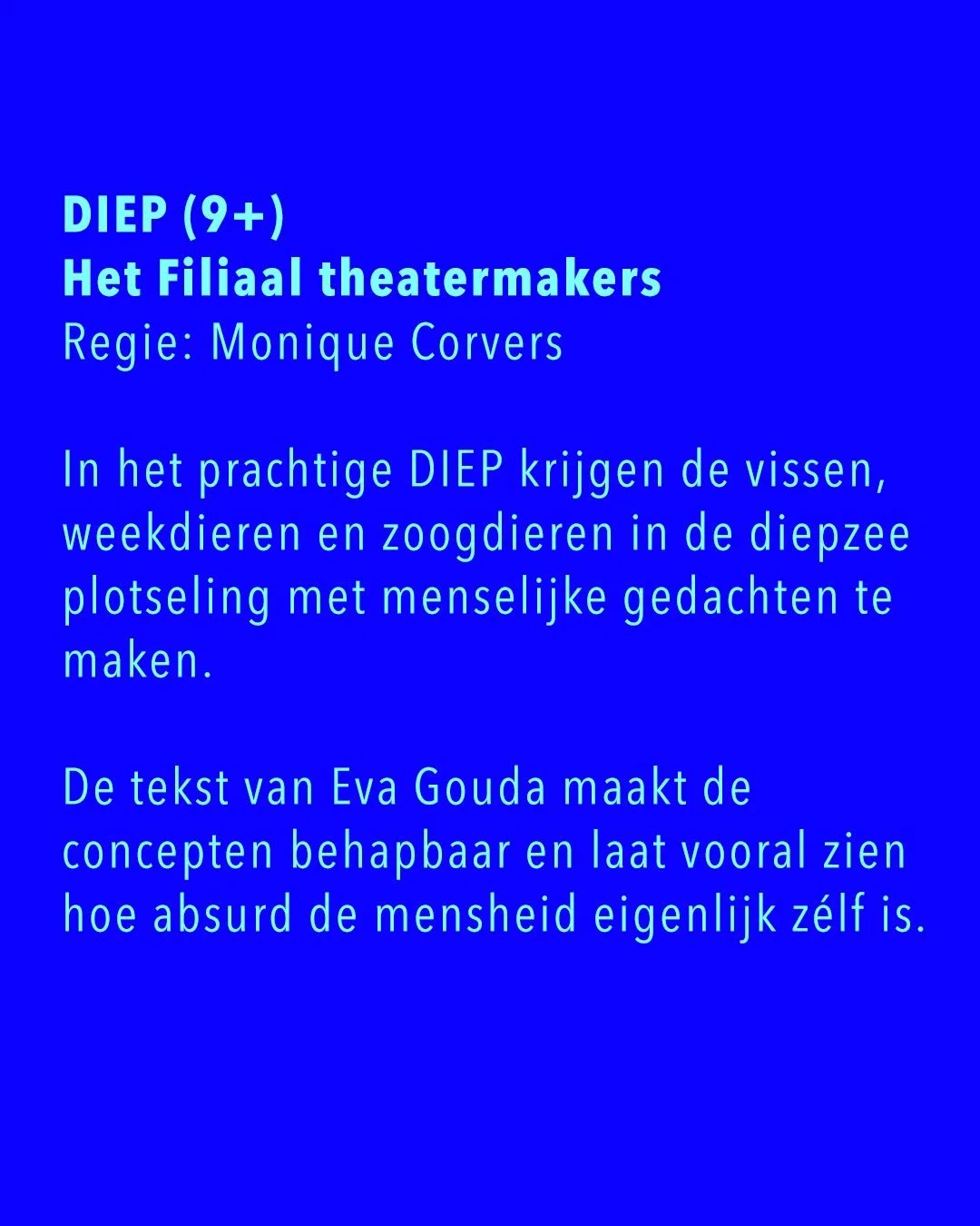 Hallo ✨schitterend✨ juryrapport!👋🏽
Voor mij is DIEP extra bijzonder, omdat ik al lang de wens had om het diepzee leven vorm te geven op het toneel. Geweldig dat dit met zo&rsquo;n ✨schitterend✨ team werkelijkheid geworden is bij @hetfiliaaltheaterm