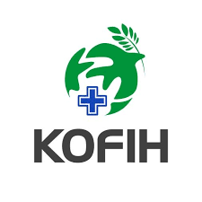Logo for KOFIH featuring a green hand holding a leaf, a blue medical cross, and the word KOFIH below.