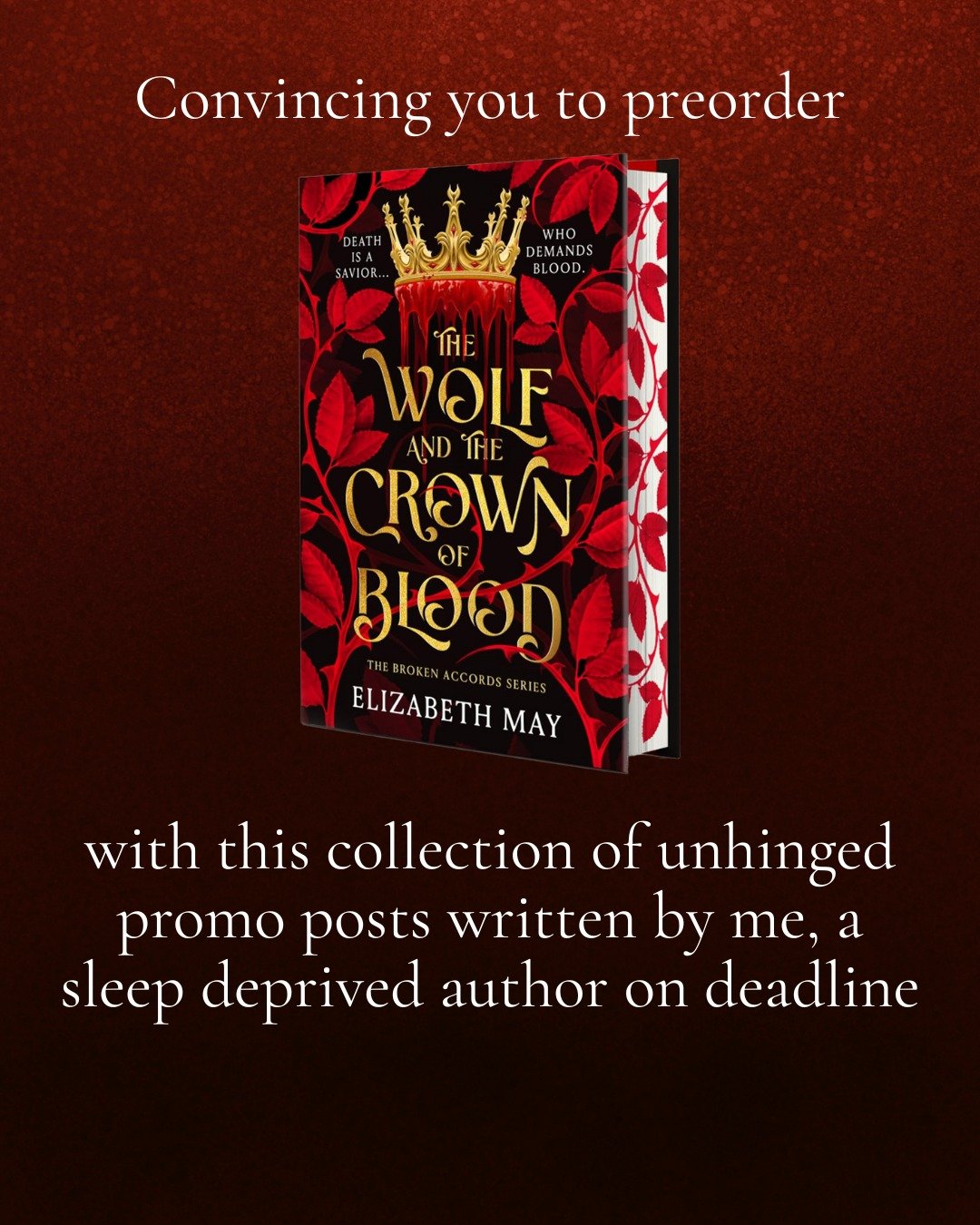 In 14 days, I will sleep and no one can stop me

🔥

THE WOLF AND THE CROWN OF BLOOD is a dark enemies-to-lovers romantasy featuring a god who's supposed to kill the princess&mdash;and instead becomes her reluctant protector, obsessive admirer, and e