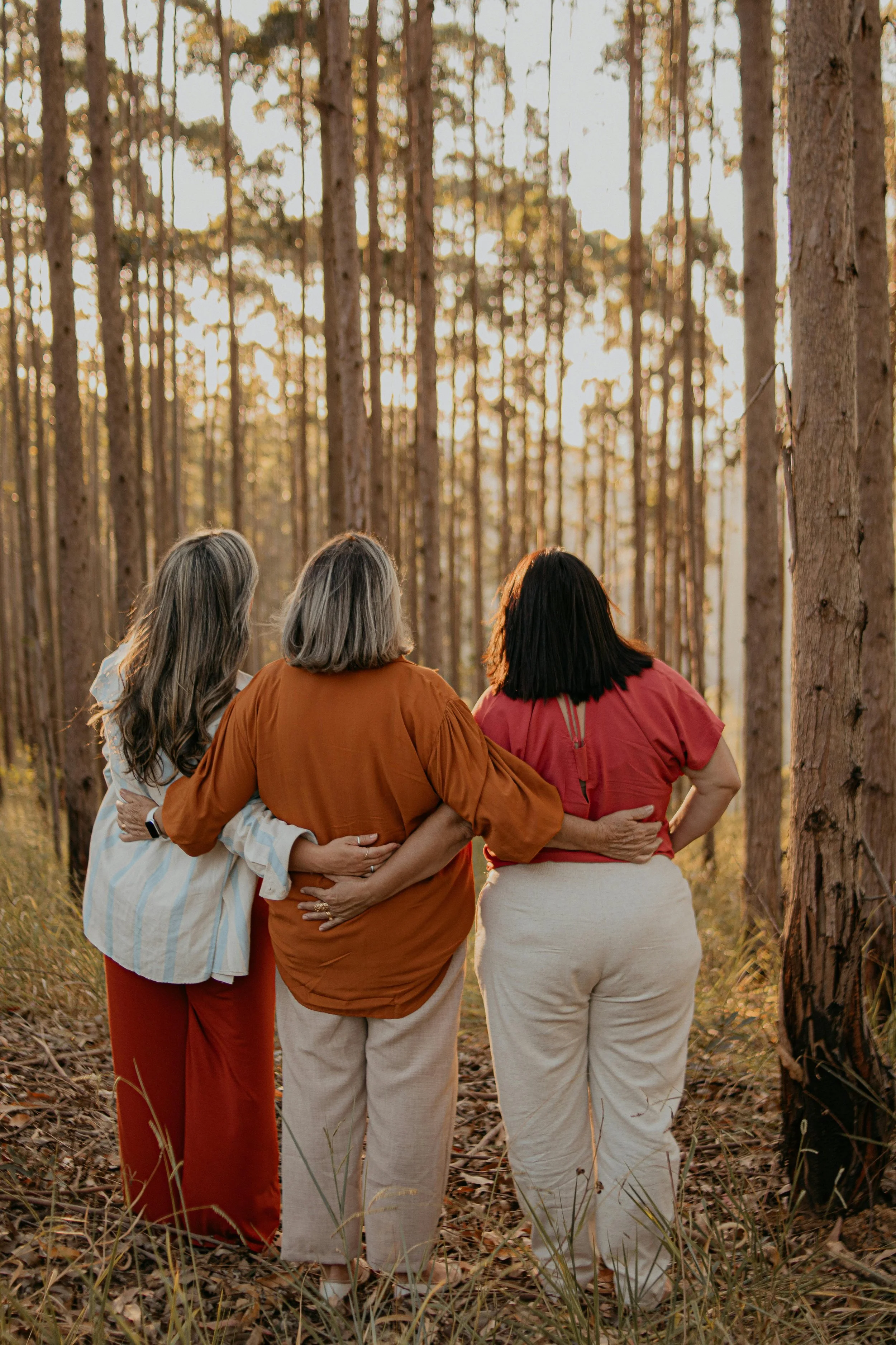Drei Frauen stehen in einem Wald im Sonnenuntergang, umarmen sich und schauen in die Ferne.