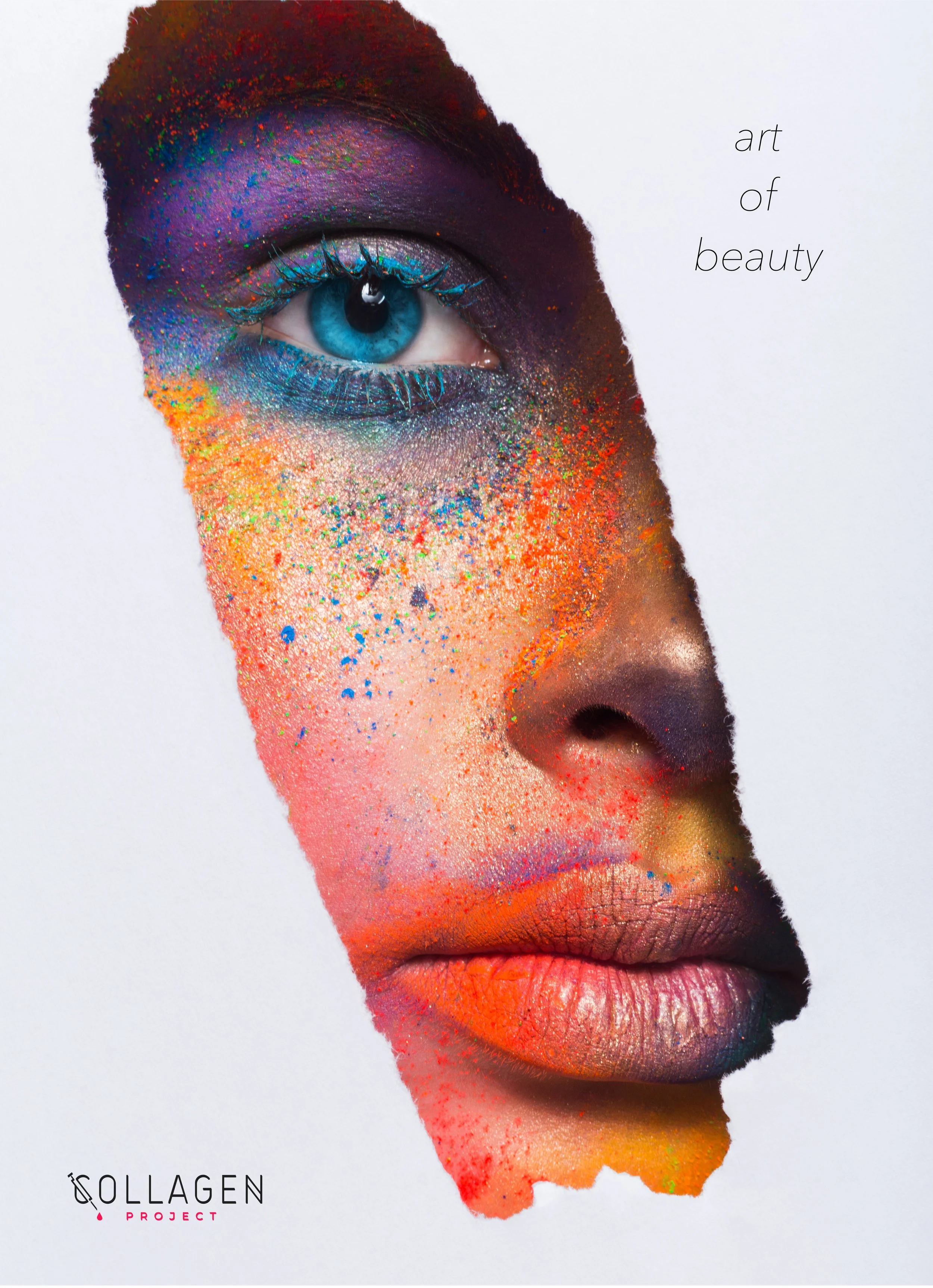 Close-up of a woman's face with colorful face paint and glitter, emphasizing her blue eye, with the words 'art of beauty' and the logo 'Collagen Project'.