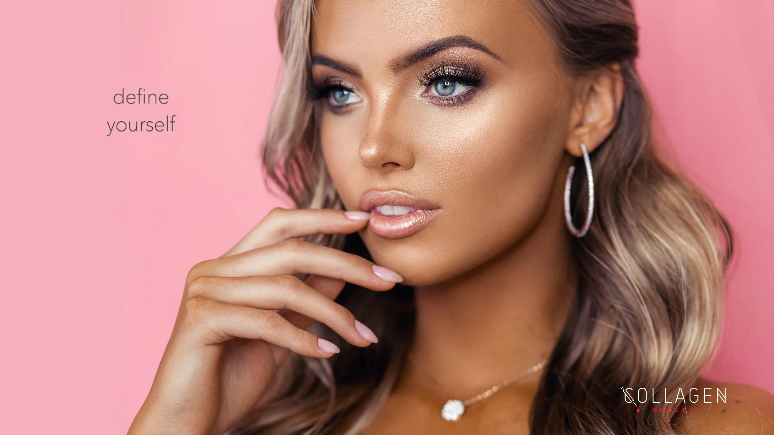 Close-up of a woman with blonde hair and blue eyes, wearing hoop earrings and a necklace, with a pink background, promoting beauty and skincare.