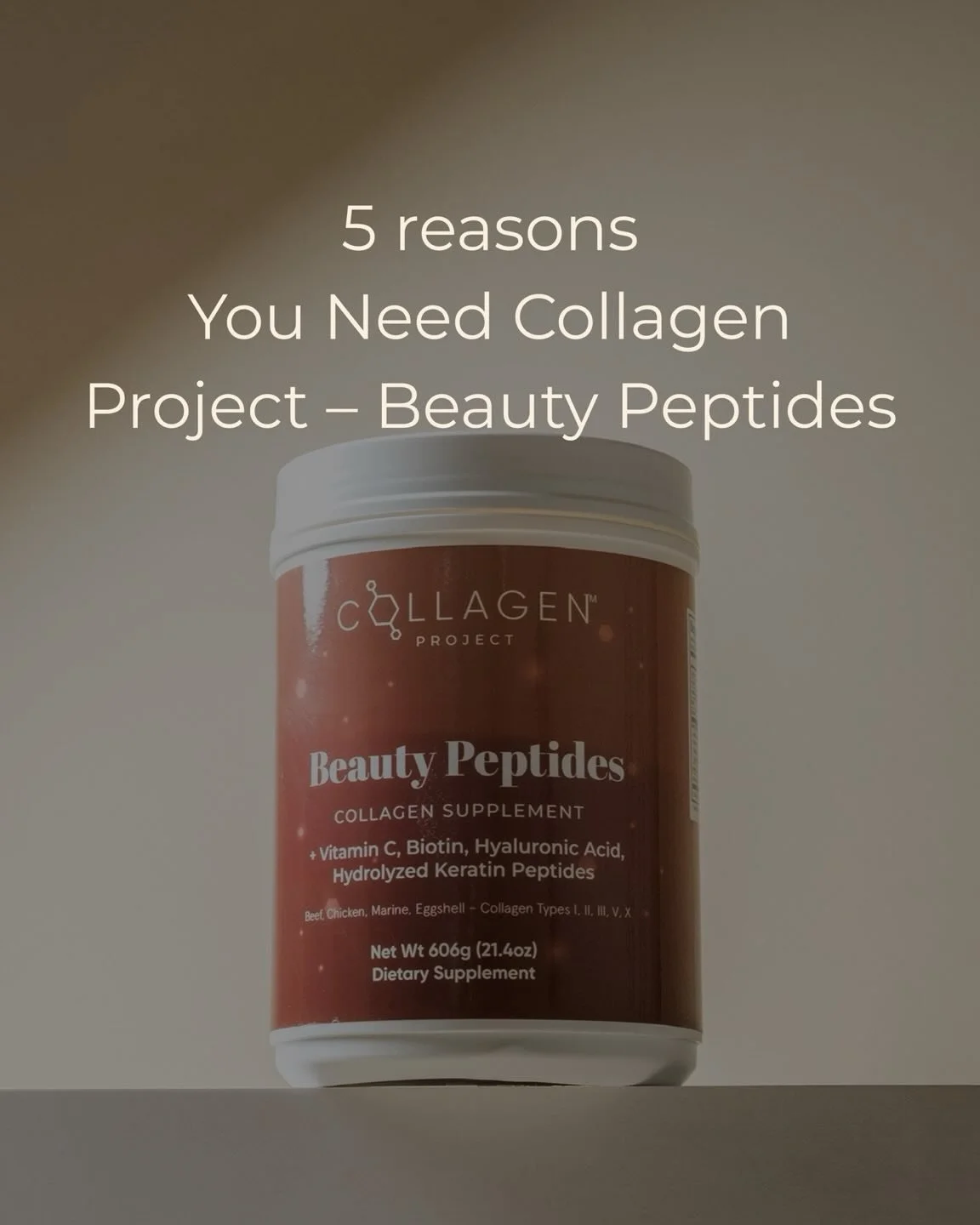 5 reasons you need Beauty Peptides by Collagen Project ✨

1️⃣ Supports collagen where it matters most&mdash;skin, hair &amp; nails
2️⃣ Multi-peptide blend + vitamin C, biotin &amp; hyaluronic acid
3️⃣ Highly absorbable peptides (not all collagen is t