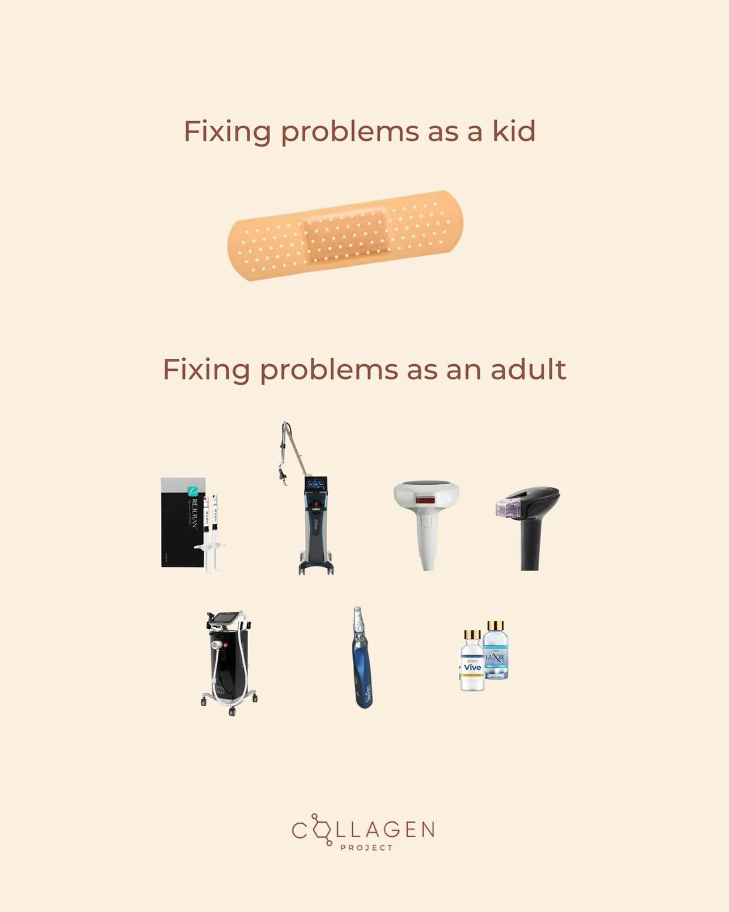 Fixing problems as a kid: cover it up and hope it goes away.
Fixing problems as an adult: assess the skin, choose the right treatment, stay consistent.

At Collagen Project&mdash;no &ldquo;problems,&rdquo; only solutions tailored to your skin. ✨#skin
