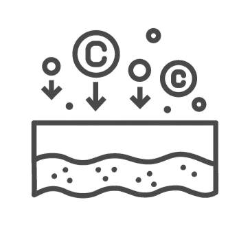Diagram showing molecules or particles being absorbed by the skin, with arrows pointing downward from the molecules to the surface.