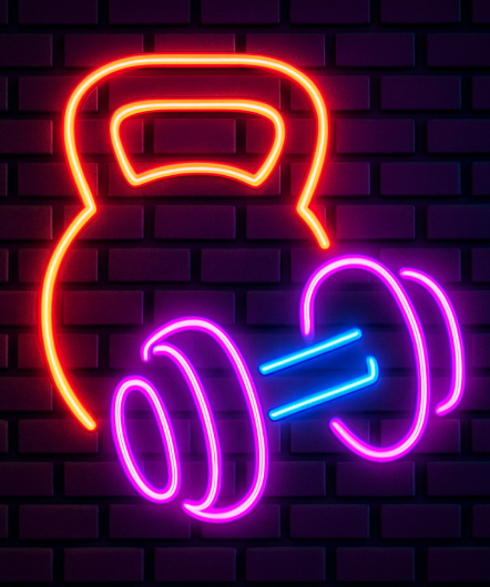 Neon sign of kettlebell and dumbbell in purple, red, orange, and blue against a dark brick wall.
