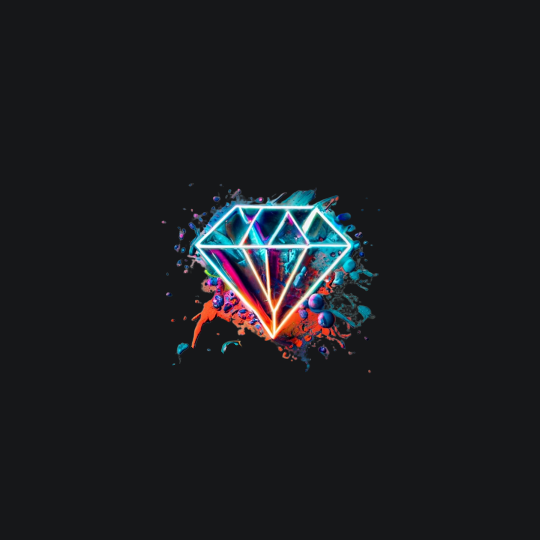 A neon outline of a diamond with colorful splashes around it on a black background.