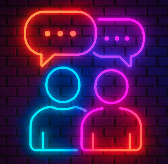 Neon art depicting two people having a conversation, with speech bubbles above their heads.