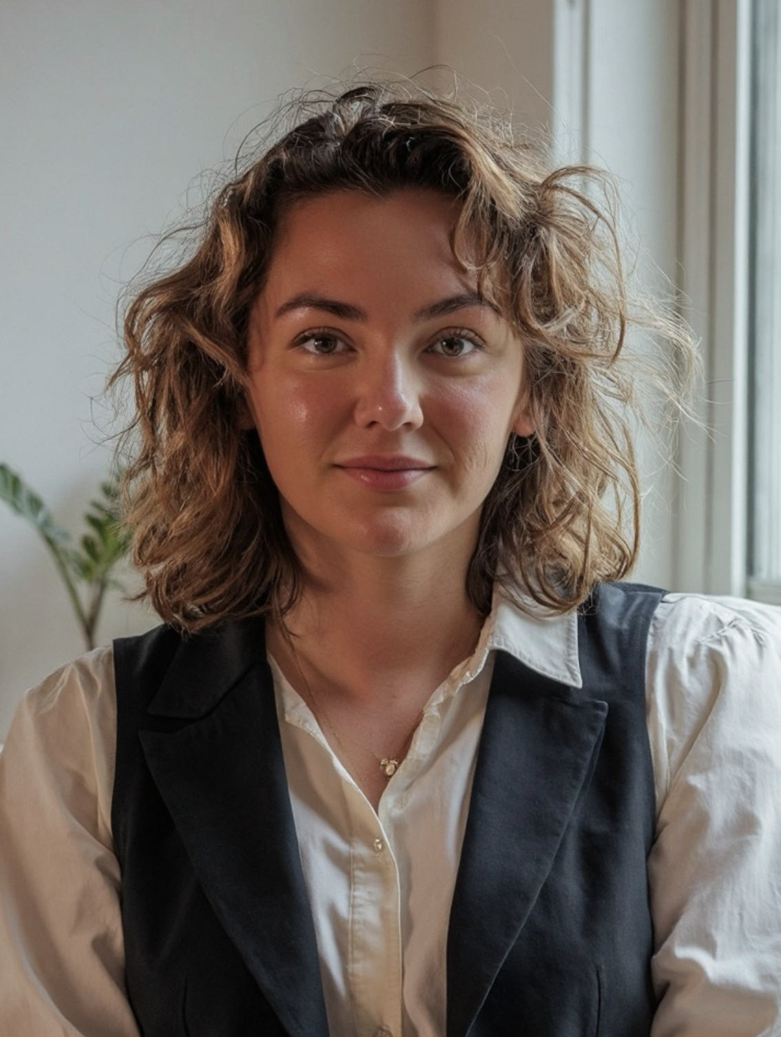 A young woman with curly hair and light skin, wearing a cream shirt and a black vest, sitting near a window with plants in the background.
