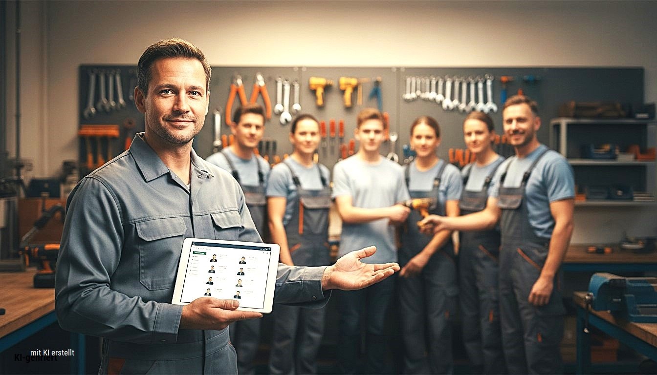 gemischtes Handwerkerteam mit neuem Azubi in einer Werkstatt mit dem Chef, der sein Tablet mit dem Recruiting-Tool zeigt
