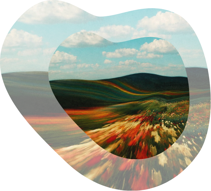 Abstract landscape with fields, hills, blue sky, and clouds, with added digital distortion and glitch effects.
