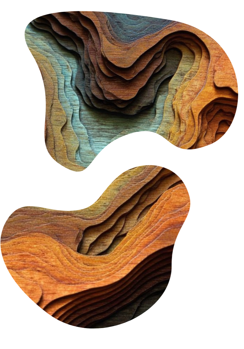 Close-up of layered, carved wood pieces with varying shades of brown, orange, and blue creating abstract, topographic patterns.