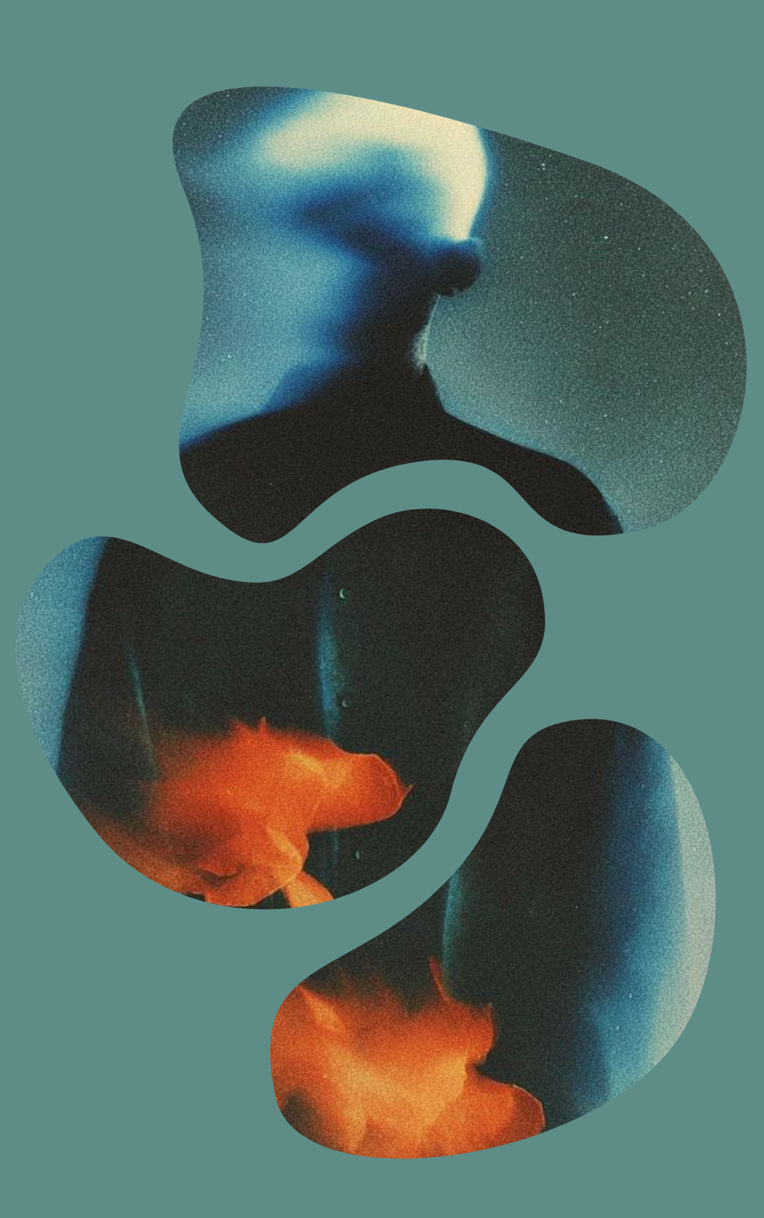 Abstract digital art with organic shapes and a cosmic background featuring a figure, clouds, and stars.