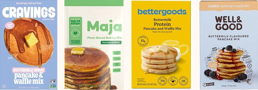 Comparison of four pancake and waffle mix packages illustrating common category design trends, including large product photography, minimal color palettes, and simple layouts.