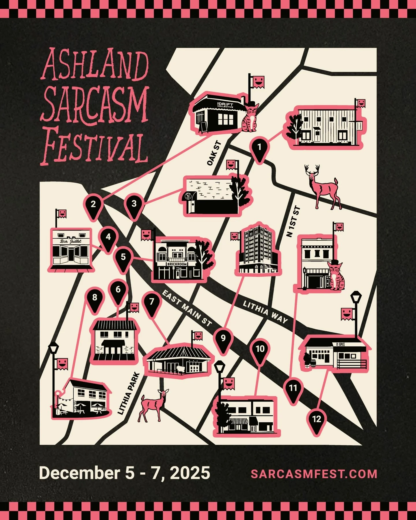 Had so much fun illustrating these Ashland gems 🖤
Here are all 12 @ashlandsarcasmfest venues, mapped + numbered for your weekend:

1. @resistancewineco 🍷
2. @thedriftcoashland 🎨
3. @local31pub 🍺
4. @bar.juillet 🥂
5. @brickroomashland 🍽️
6. @whi