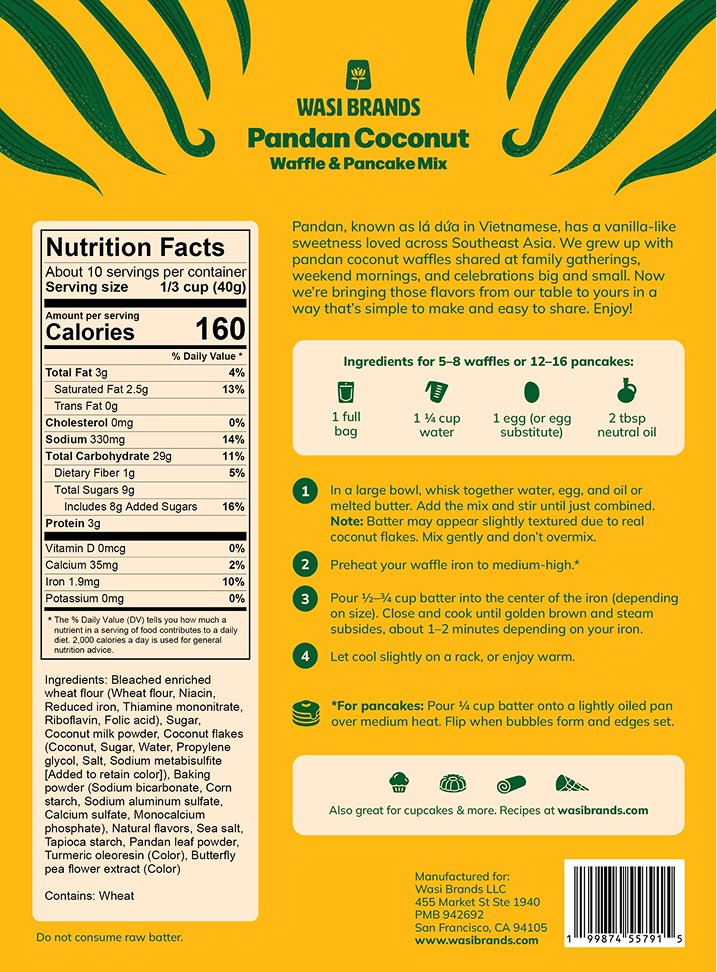 Back of the Wasi Brands Pandan Coconut Waffle & Pancake Mix package showing nutrition facts, ingredients, preparation instructions, and illustrated pandan leaves along the top.