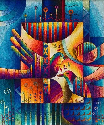 Textile artwork by Peruvian artist Máximo Laura featuring vibrant colors, geometric forms, and stylized birds.