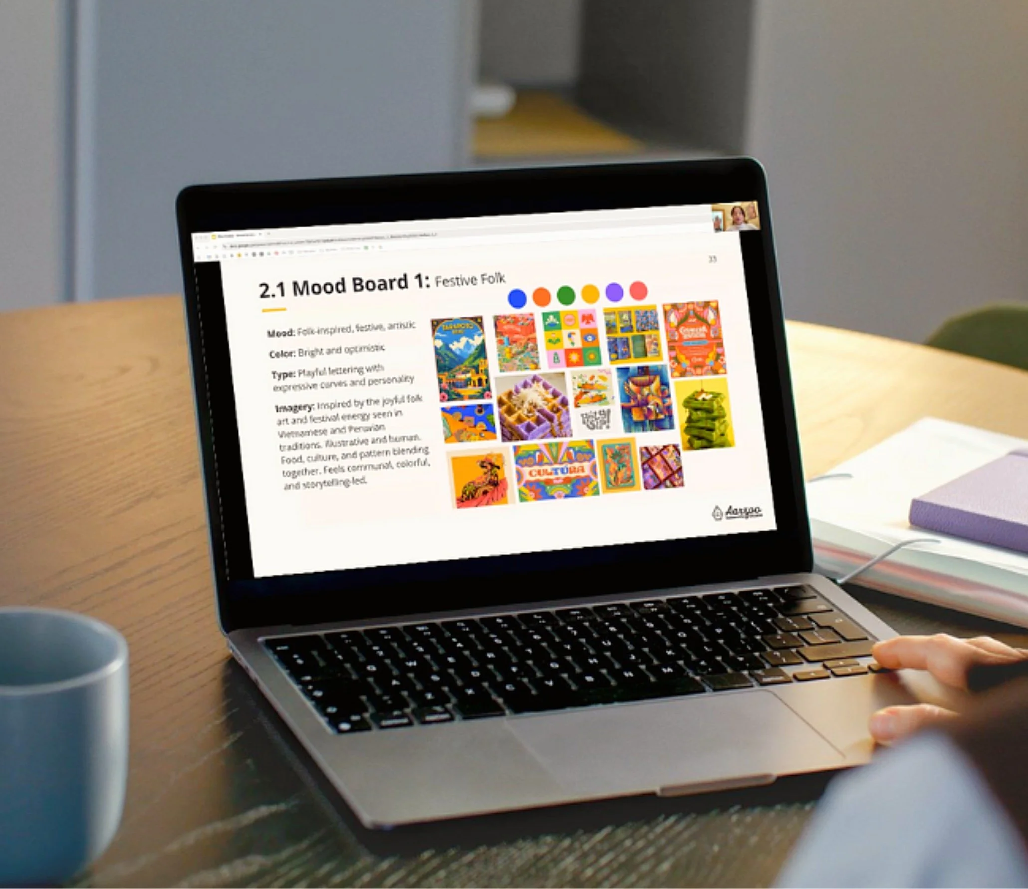 Laptop displaying a brand strategy mood board with colors, imagery, and typography for product branding and packaging.