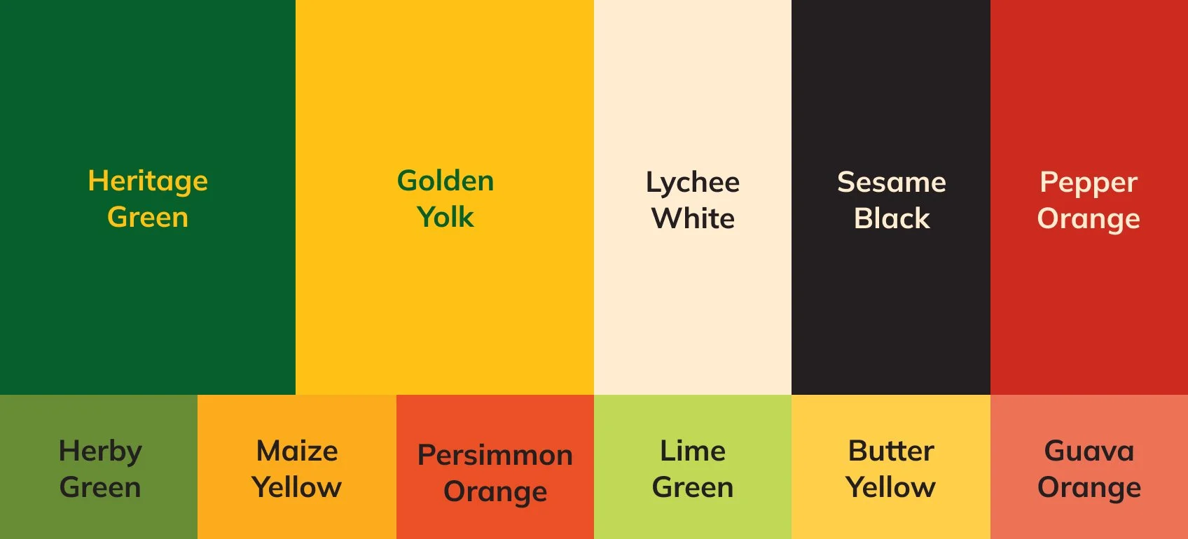 Color palette for Wasi Brands showing labeled primary and secondary colors, including Heritage Green, Golden Yolk, Lychee White, Sesame Black, Pepper Orange, and complementary accent colors.