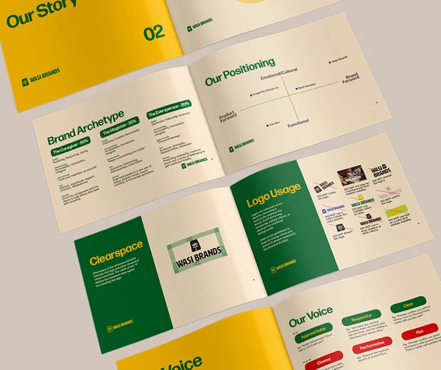 Open brand guidelines document showing positioning, logo usage, and brand voice examples.