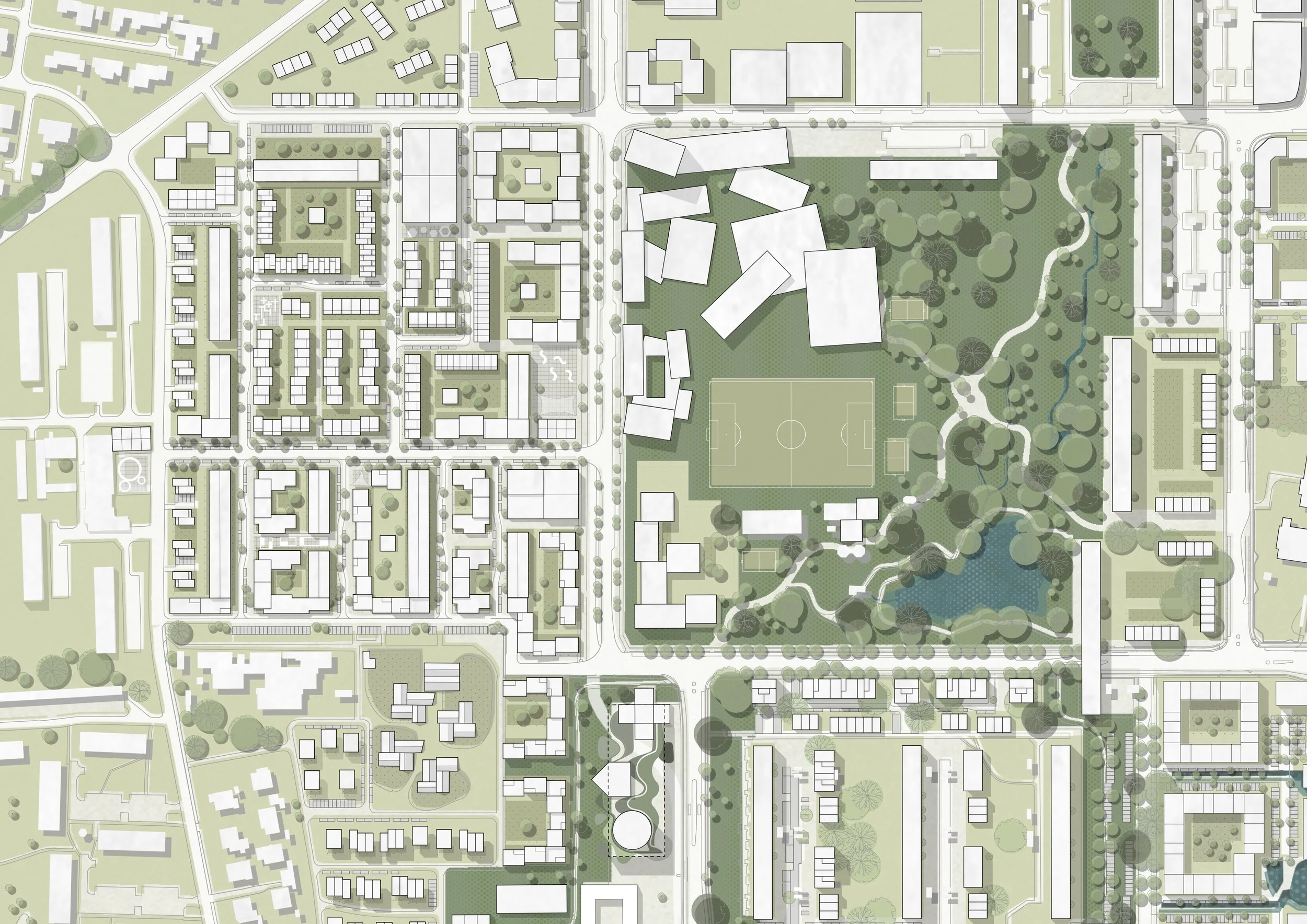 The nearby city park form a coherent recreative green landscape dividing the area into smaller and more intimate quartiers and is a valuable foundation in the masterplan. When closely connected to the neighborhoods, the nature will be merged into and