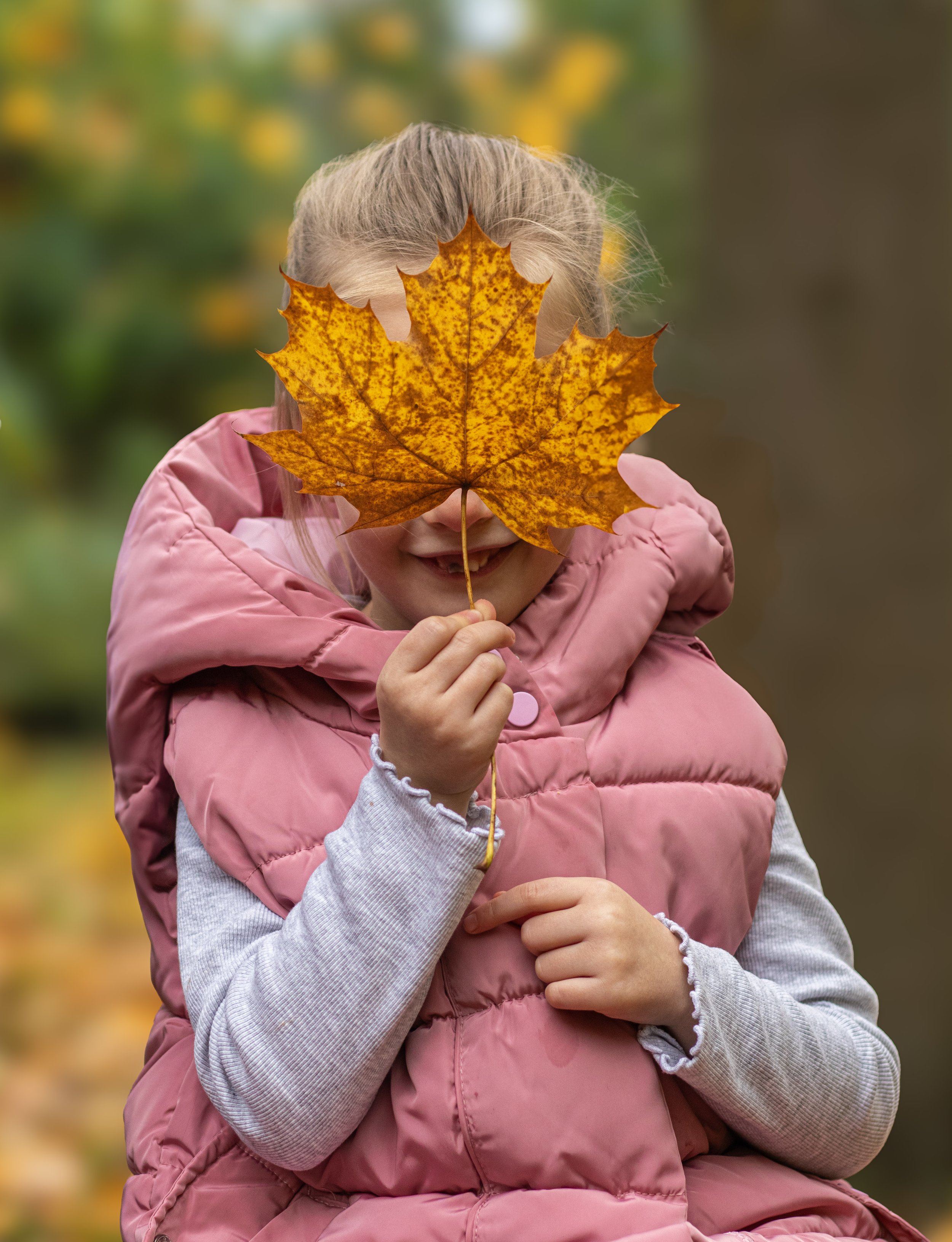 A young girl in a pink puffer vest and gray long sleeve shirt, holding a yellow autumn leaf in front of her face, smiling behind it, in an outdoor setting during fall.