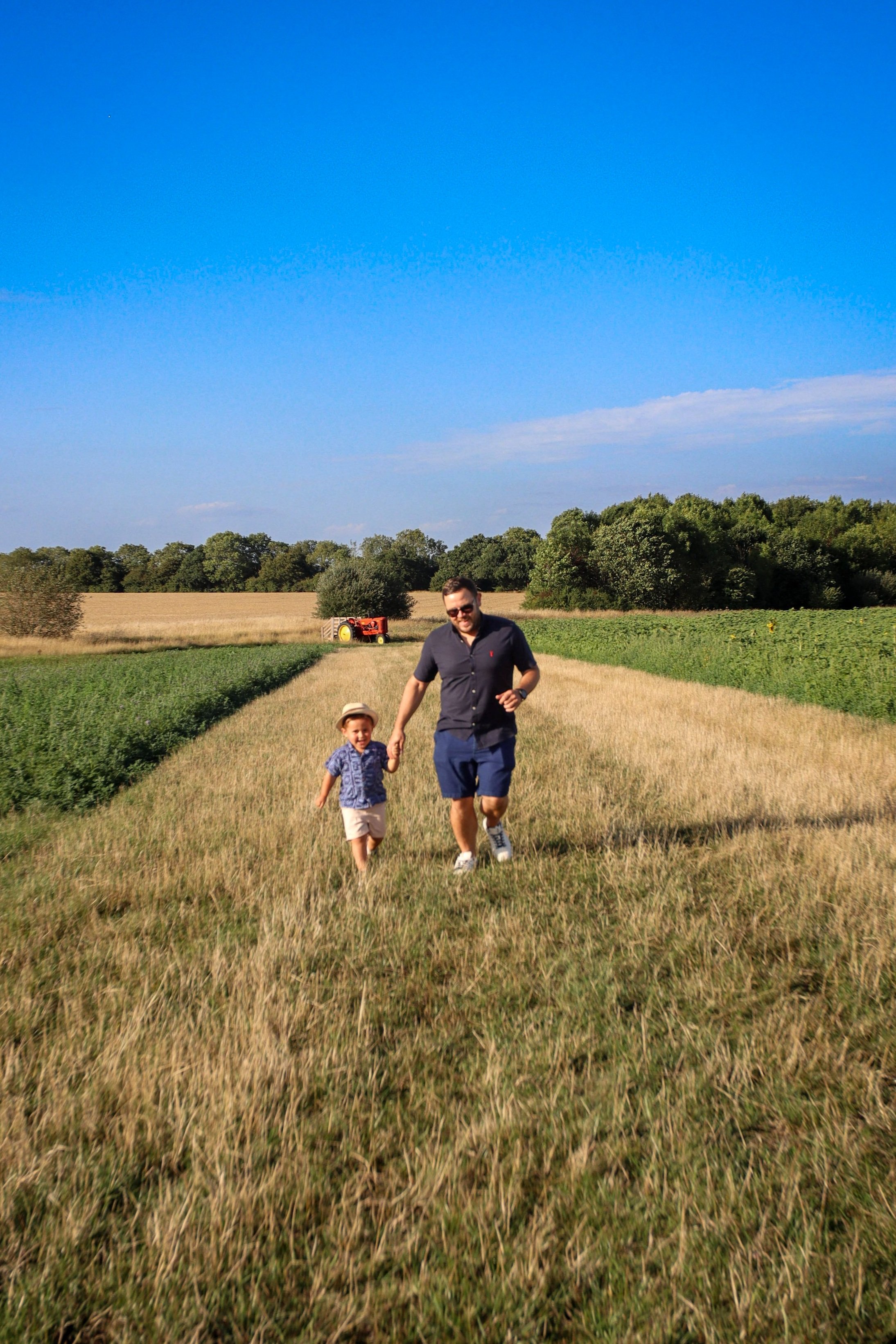 A man and a young boy holding hands, running through a grassy field on a sunny day with a blue sky and trees in the background.