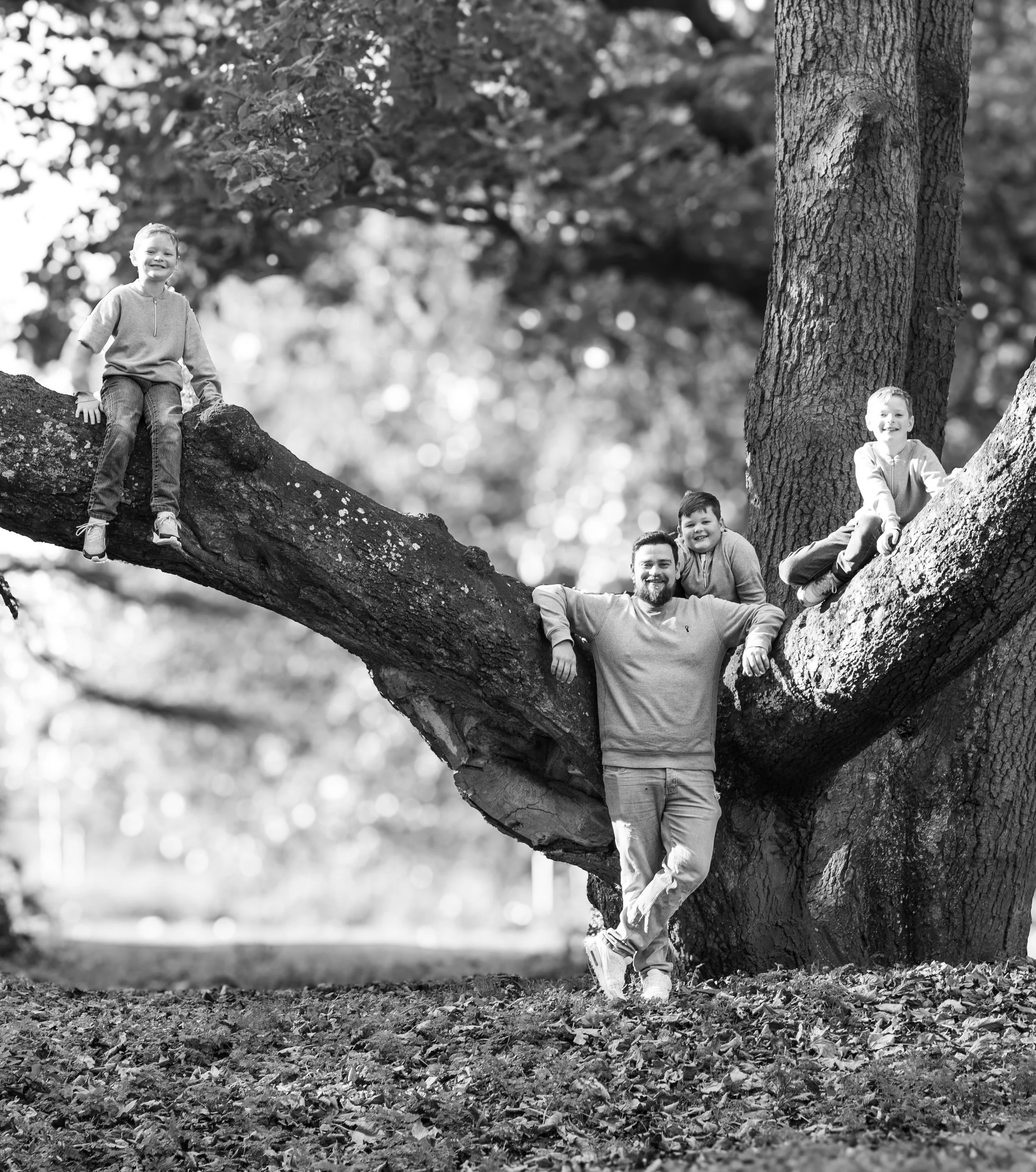 A man with three children on a large tree. One child is sitting on a branch on the left, another child and the man are sitting in the middle, and the third child is sitting on a higher branch on the right. All are smiling, and the background is blurred outdoors.