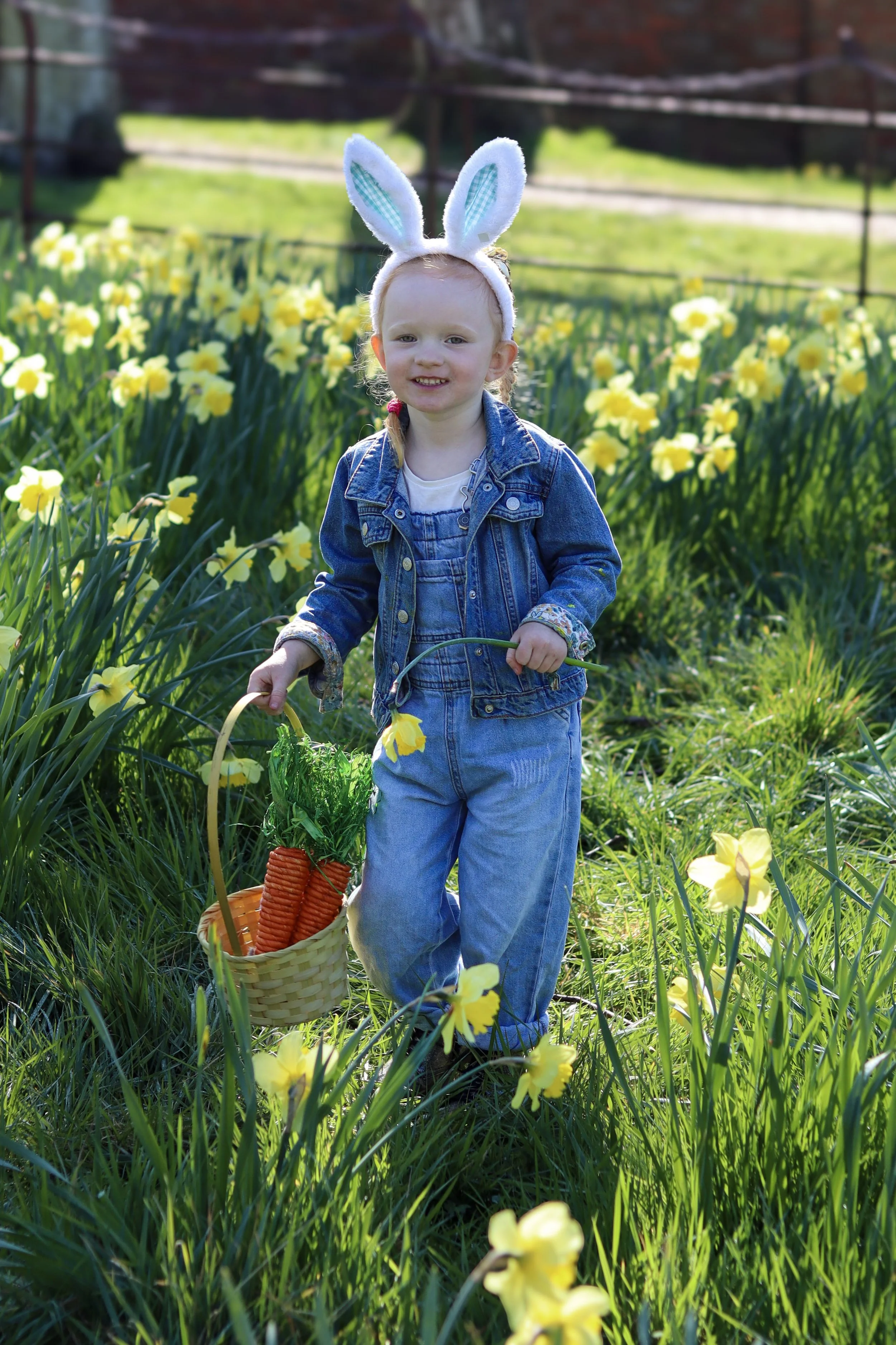 A smiling young girl wearing bunny ears headband, denim jacket, and jeans, holding a basket with carrots and a yellow flower, walking through a field of yellow daffodils on a sunny day.