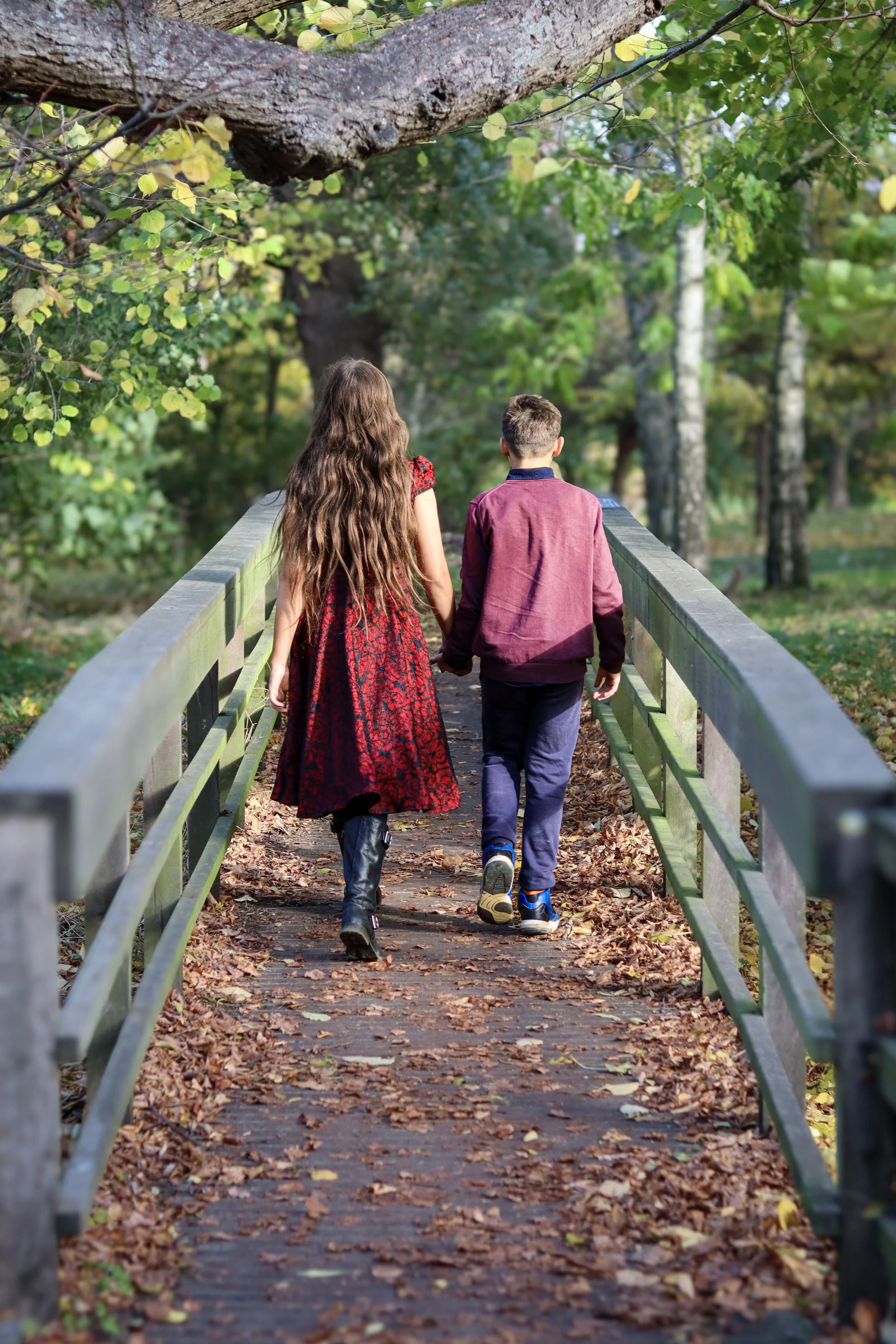 Two children, a girl with long brown hair wearing a red dress and boots, and a boy with short hair wearing a maroon jacket and blue pants, walk hand in hand on a narrow wooden bridge through a forested park surrounded by green trees and fallen autumn leaves.