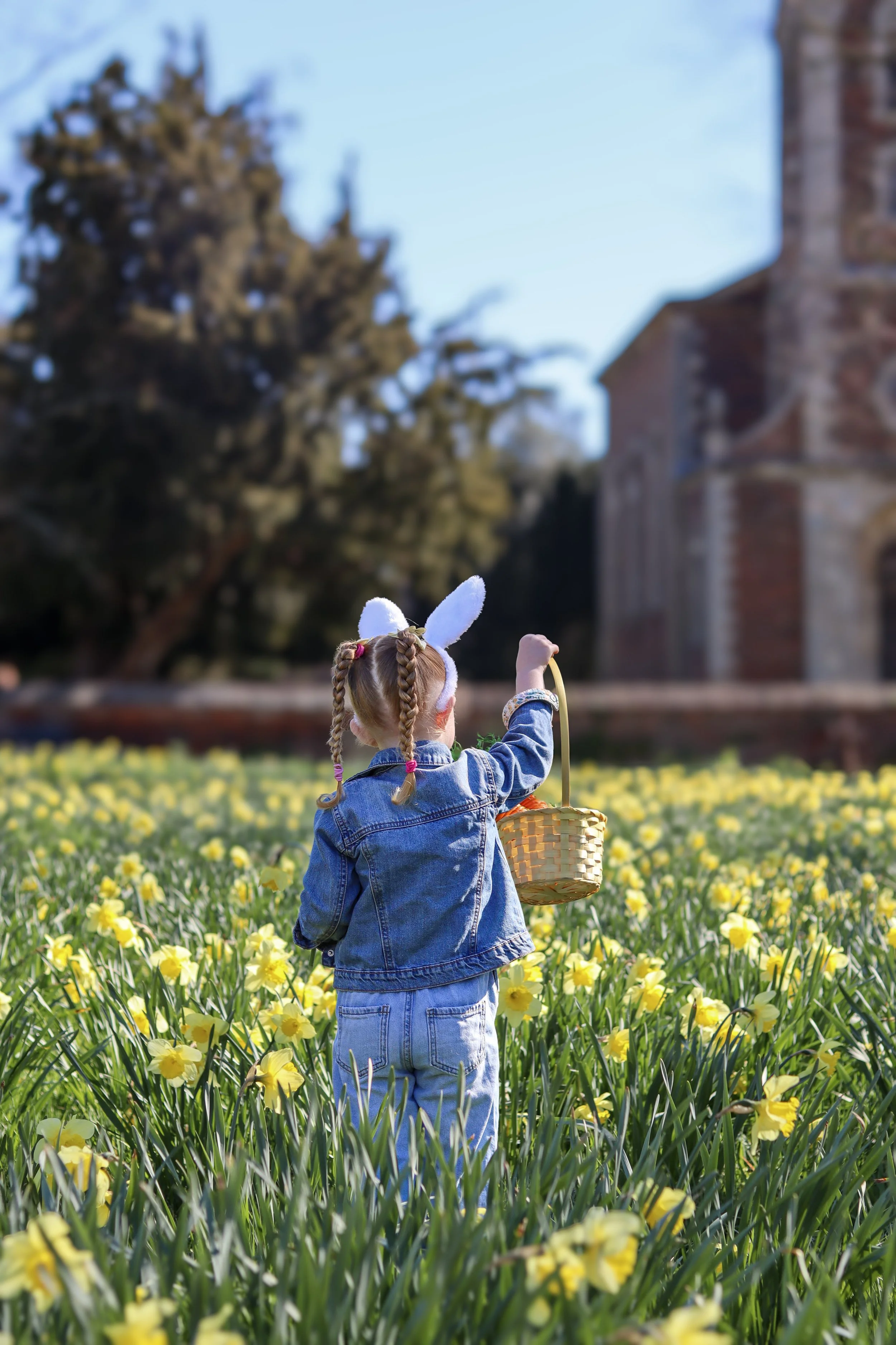A young girl with bunny ears on her head, wearing a denim jacket and jeans, holding a woven basket, standing in a field of yellow flowers with a church and trees in the background.