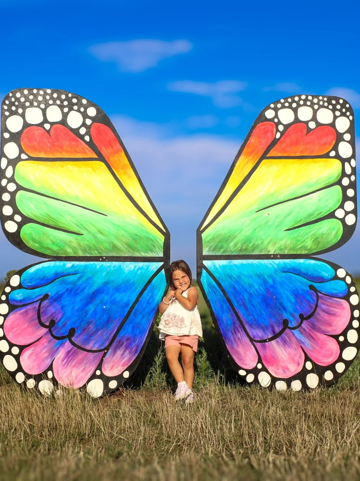 A young girl standing in front of large colorful butterfly wings display outdoors on a grassy field under blue sky with clouds.