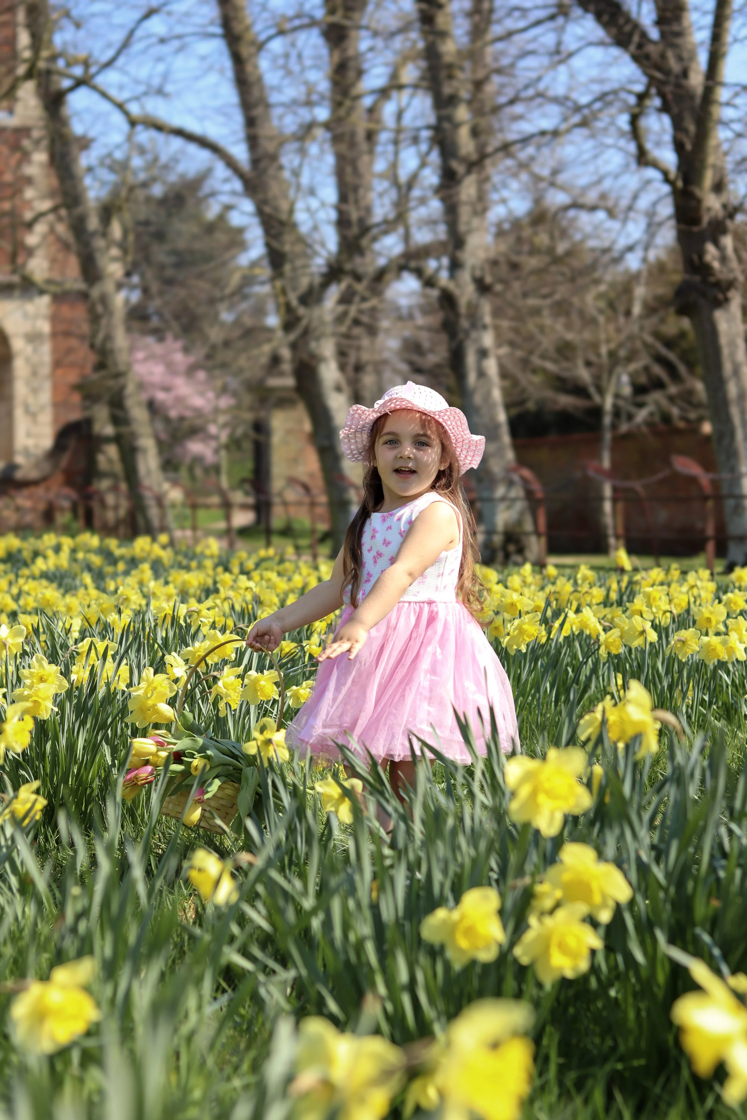 A young girl wearing a pink dress and a big pink hat, standing in a field of blooming yellow flowers on a sunny day.