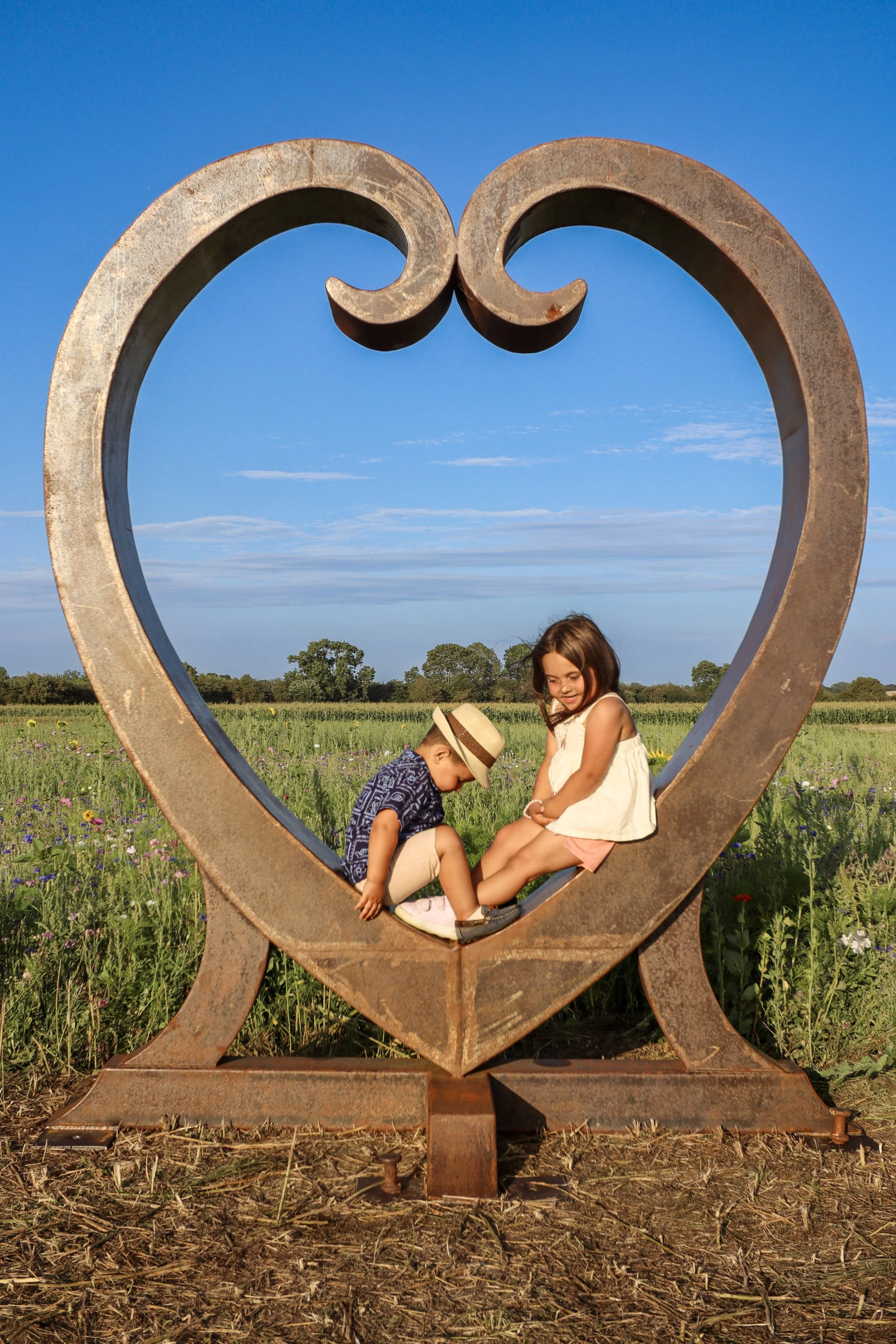 Two children, a girl and a boy, sitting inside a large rusted metal heart sculpture in a field with wildflowers, under a blue sky with clouds.